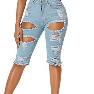 Women's Casual Denim Bermuda Shorts Mid Rise Ripped Distressed Jean Short MEDIUM